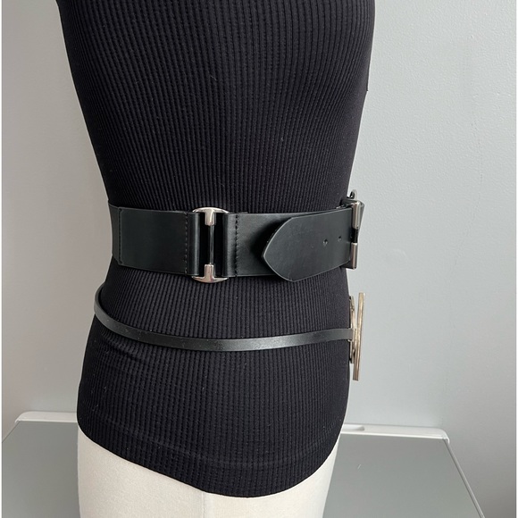 Limited Thin Leather Belt Black Silver Loop Contemporary Modern Womens M 32-34 - Picture 14 of 17